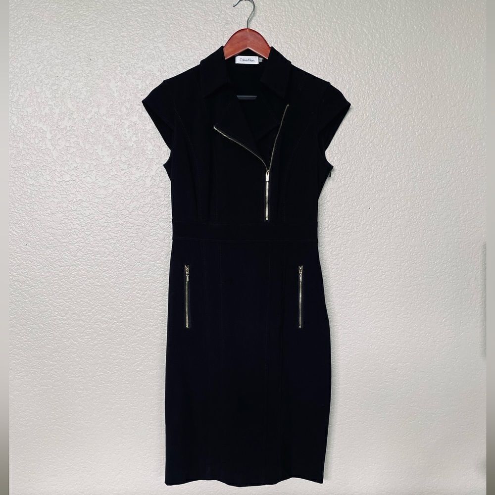 Calvin Klein Asymmetrical Gold Zipper Little Black Dress 2
